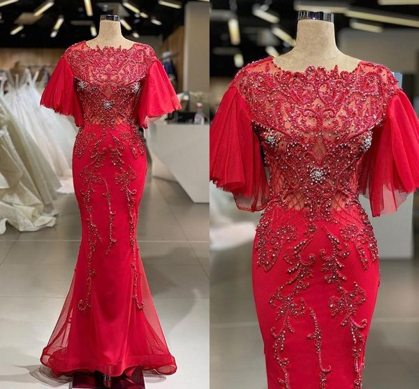 

2020 красный кристалл бисером русалка вечерние платья роскошные poest короткие рукава пром платье арабский кружева аппликация плюс размер ве, Black;red