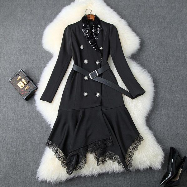 

2019 fall autumn black long sleeve notched-lapel minimalist plain belted lace sequins midi dress casual fashion dresses s1510t10127, Black;gray