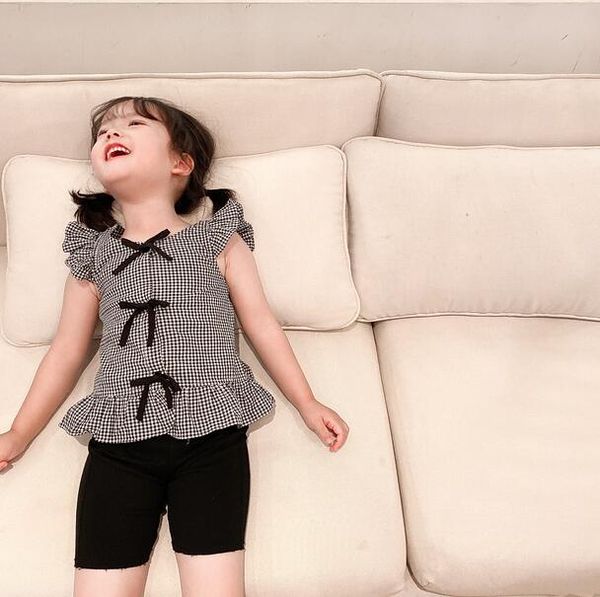 

2020 new girls plaid bow shirt summer cotton fashion girls blouse 1-6 years hv706, White;black