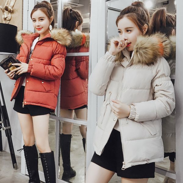 

casual fashion short winter jacket women solid wide-waisted winter parka feminina hooded pockets fur collar woman coats, Tan;black