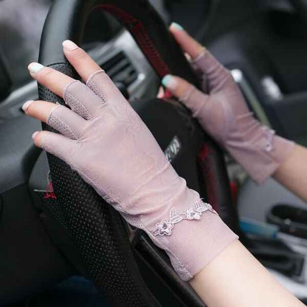 

women' spring summer thin sunscreen fingerless lace driving gloves female summer breathable riding gloves r839, Blue;gray