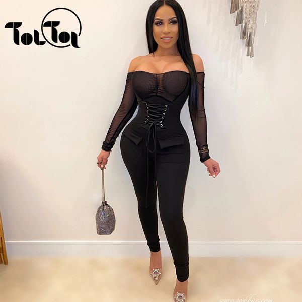 

women's jumpsuits & rompers women off shoulder long playsuit sleeve bodycon womens jumpsuit black overalls, Black;white