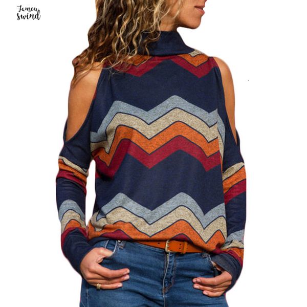 

shoulder autumn sweater cold women turtleneck pullover sweater striped print loose casual sweaters ladies jumpers, White;black