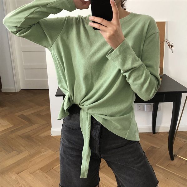 

lufu early autumn chic solid color round collar knot t-shirt irregular long sleeve casual all-match female, White