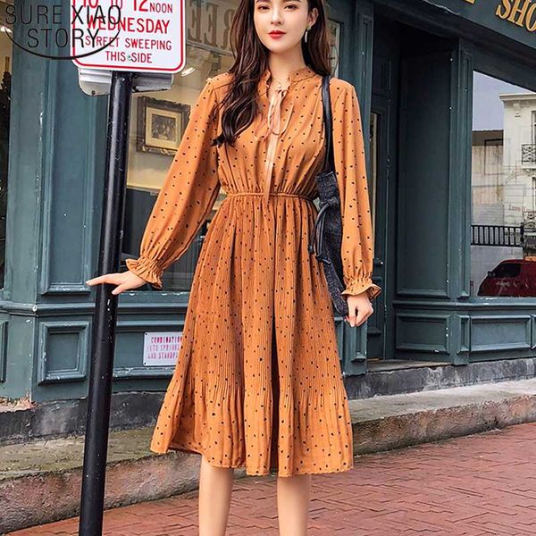 

yellow vintage dot chiffon pleated dress women 2020 spring new long flare sleeve casual party dress bow empire clothes 8663 50, Black;gray