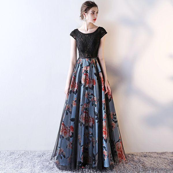 

elegant black tulle scoop long evening dresses prom gowns formal party dress flower print stain lace up vestido de festa 2019, White;black