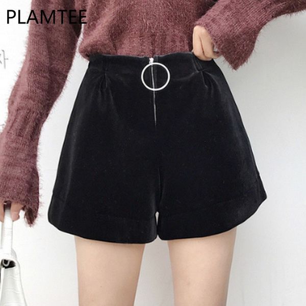 

plamtee fashion black velvet shorts women casual mid-waist winter boots shorts zipper elastic waist short pants loose cortos, White;black