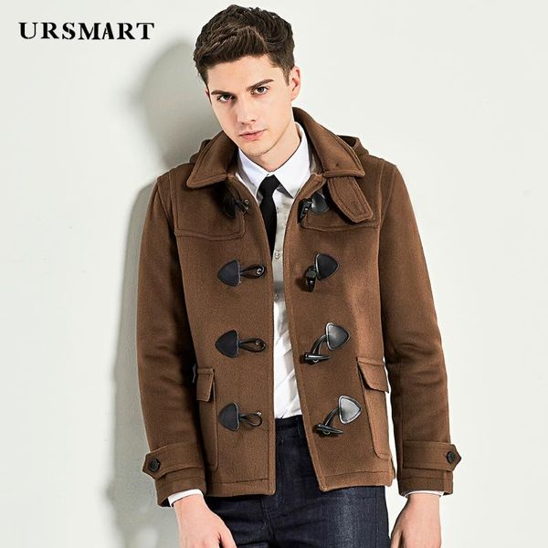 

ursmart authentic coat with hat and short style men's coat youth new style ox horn buckle men's casual, Black
