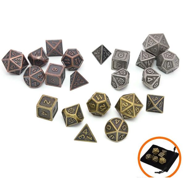 7pcs / lot sólido metal Polyhedral DnD Dice Set de 7 Antiga Copper Gold Silver metal RPG Role Playing Game Dice com