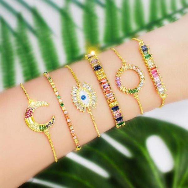 

women's gold rainbow bracelets bangles jewelry cz colorful zircon bracelet adjustable snake chain crystal bracelet gift femme, Golden;silver