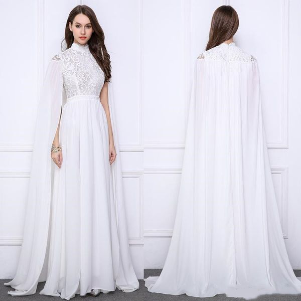 Elegante vestidos formais de noite branca longo com envoltório uma linha renda chiffon pescoço alto capa manga saudita celebridade celebridade vestidos de festa de formatura