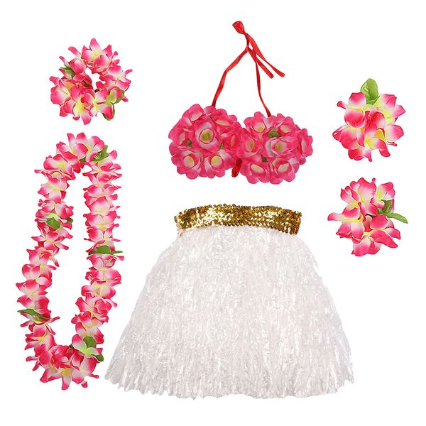 

1 set performance costume hawaii tropical hula grass dance skirt flower bracelets head loop neck wreath set