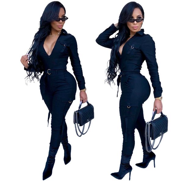 

designer solid color womens designer jumpsuits fashion slim mulit pockets zipper panelled womens jumpsuits casual females clothing, Black;white