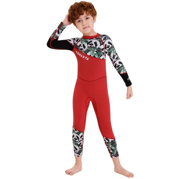 

2020 panda pattern for boys girls keep warm one-piece long sleeves uv-proof swimwear new kids diving suit 2.5mm wetsuit, White