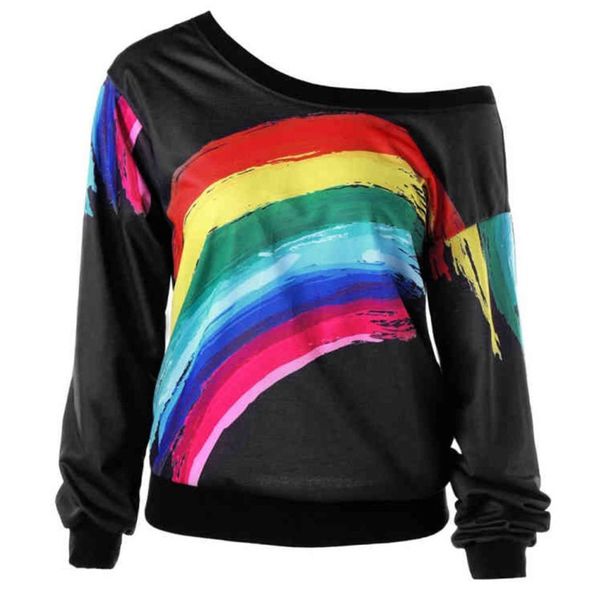 

one shoulder skew neck t shirt women rainbow print harajuku tshirt 2018 spring long sleeve graffiti t-shirt sj741v, White