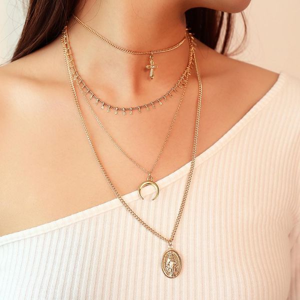 

xy fancy women necklace cross pendant necklace muitilayer tassels choker accessories jewelry, Silver