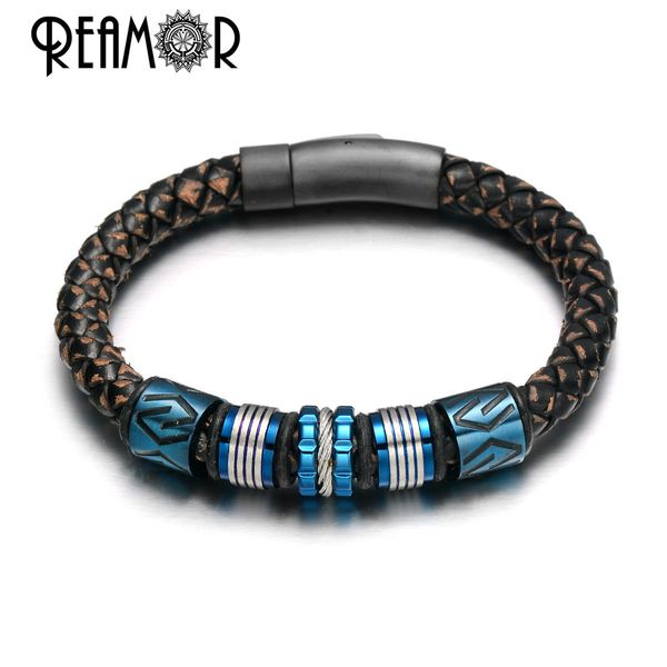 

reamor retro textured cowhide genuine leather bracelet men 316l stainless steel blue cnc beads handmade bracelets woven bangle, Golden;silver