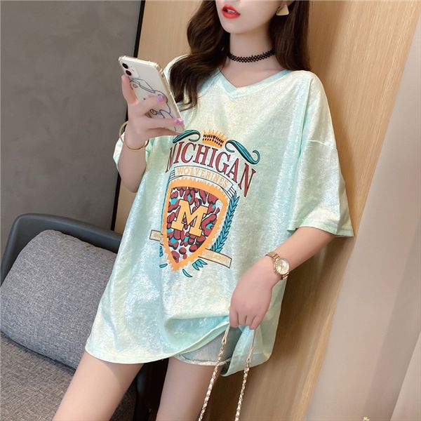 

summer foreign flavor shiny t-shirt nv duan xiu loose ultra fire clothes summer foreign flavor shiny t-shirt nv duan xiu loose ultra fire cl, White