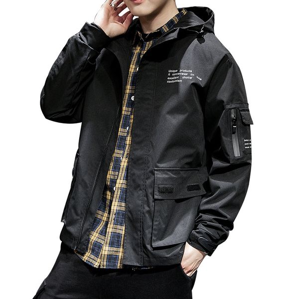 

autumn winter men's jacket casual windbreaker with letter print fashion loose hooded tooling jacket size m-3xl wholesale, Black;brown