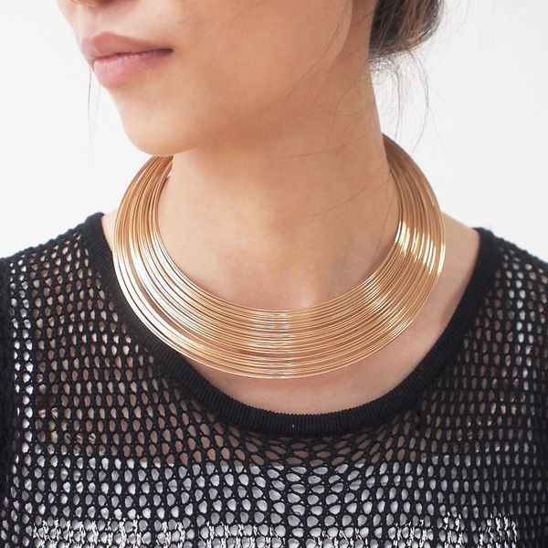 

ukmoc fashion punk multilayer metal wire neck fit torques necklace statement jewelry accessories women collar chokers necklaces, Silver