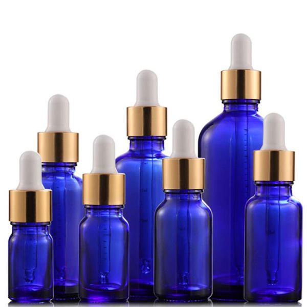 

wholesale 5ml-100ml empty blue glass dropper essential oil bottles with gold cap for perfume e juice e liquid