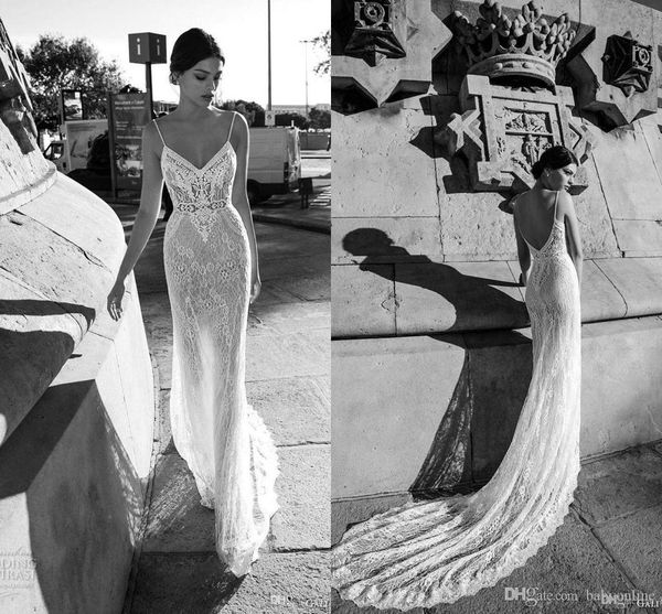 Branco Sexy Elegante Gali Karten Bainha Cheia de Renda Vestidos de Casamento Cintas de Espaguete Aberto Voltar Sheer Vestidos de Noiva Tribunal Trem Vestidos De Soiree