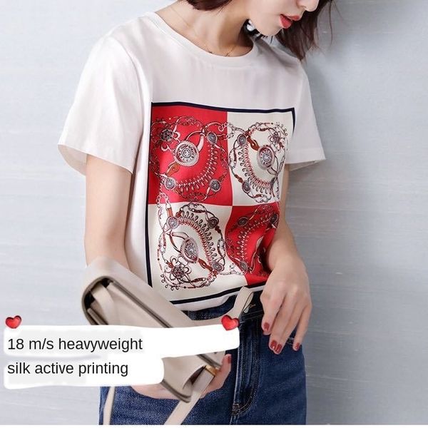 

silk 2020 summer clothes short-sleeved round collar women's loose mulberry t-shirt t-shirt silk women's, White