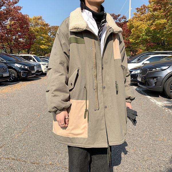 

winter long lamb fur coat men's warm fashion parka men solid color casual fur collar coat man loose cotton jacket male clothes, Black
