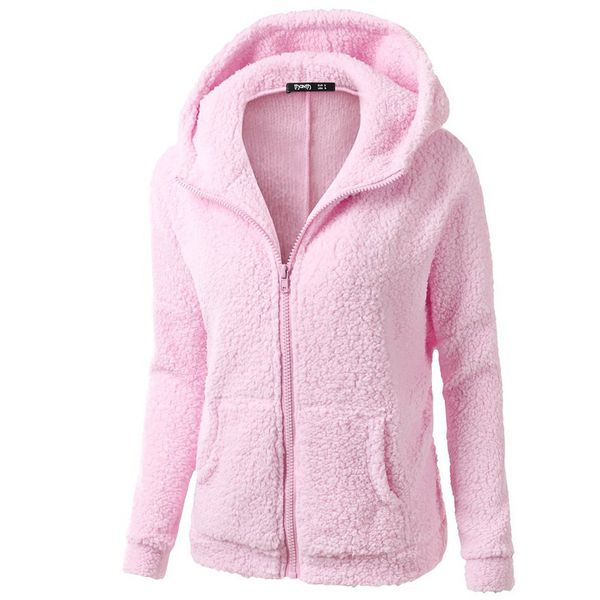 

women fleece teddy hoodies zipper solid pocket hooded hoodies coat winter warm wool zip-up cotton coat casual sweatshirt d5, Black