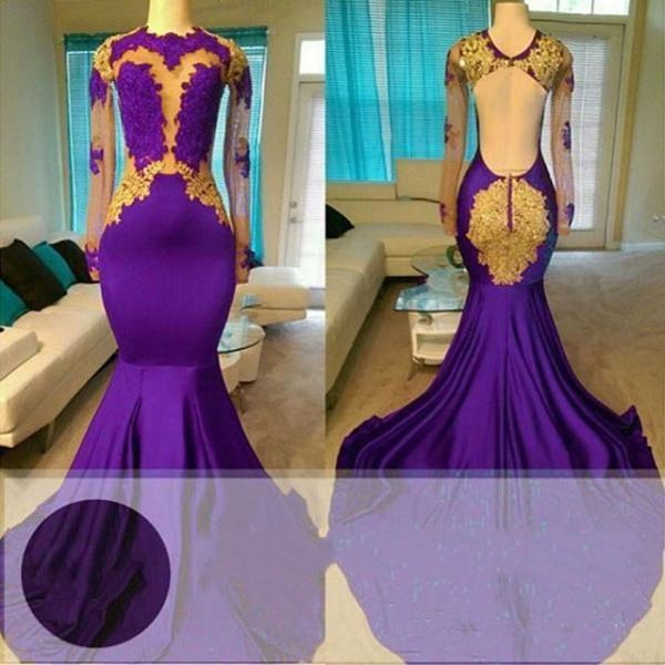 

fashion purple with gold lace prom dresses elegant mermaid evening formal dresses open back long sleeves black girl prom dress 2020 cheap