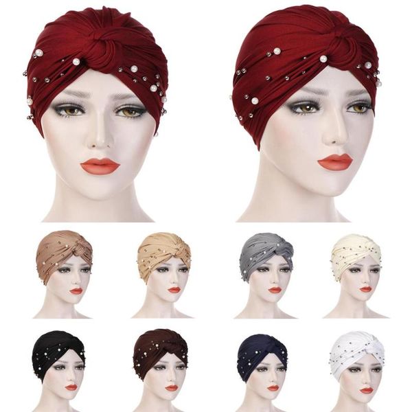 

ethnic clothing muslim women turban cross pearl beads hat cancer chemo beanies cap headwear headwrap hair loss cover bonnet india head scarf, Red