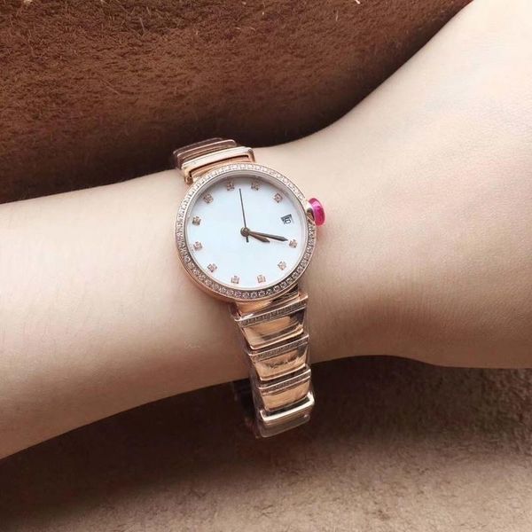 

solid case back rose gold stainless steel bracelet 29mm white dial diamond fixed bezel womens watches quartz ladies watch, Slivery;brown