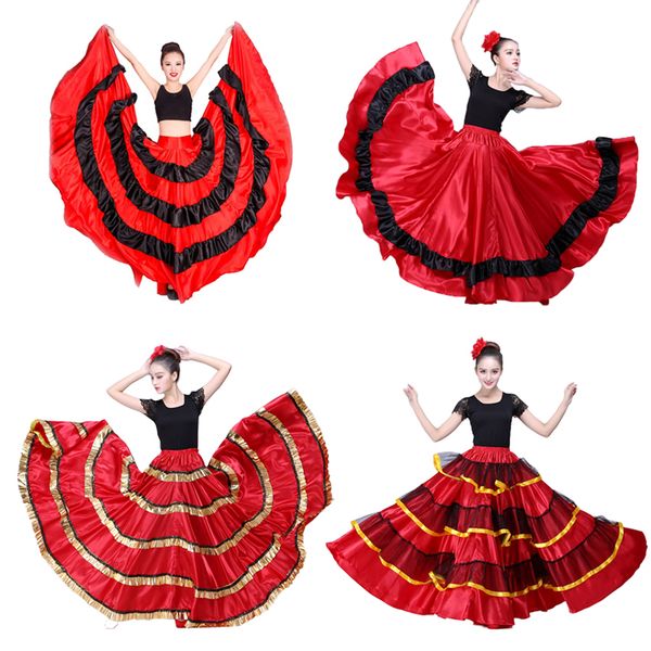 

gypsy woman spanish flamenco skirt polyester satin smooth big swing carnival party ballroom belly dance costumes dress, Black;red