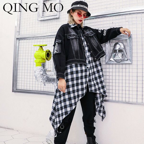 

qing mo plaid patchwork trench coat irregular denim patchwork coat turn-down collar single breasted 2019 autumn zqy1483, Tan;black