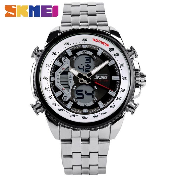 

skmei men sport digital fashion casual watches stain steel silver wristwatch led water resistant quartz watch relogio masculino, Slivery;brown