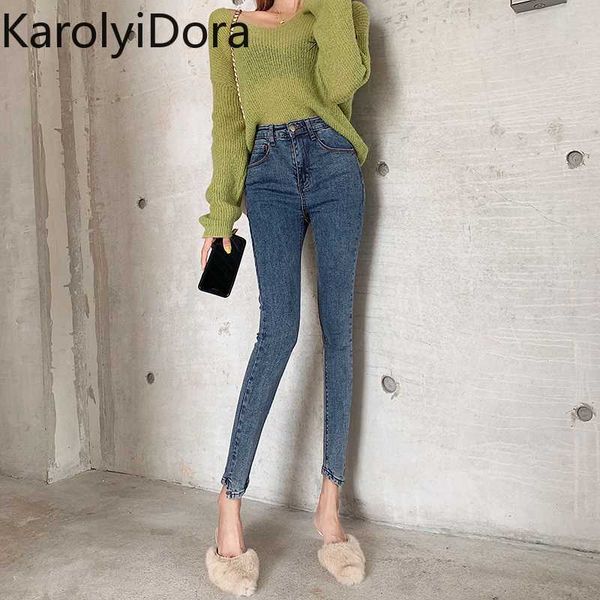 

women's jeans fashion 2020 spring new retro solid color korean high waist jeans female slim stretch pencil pants, Blue
