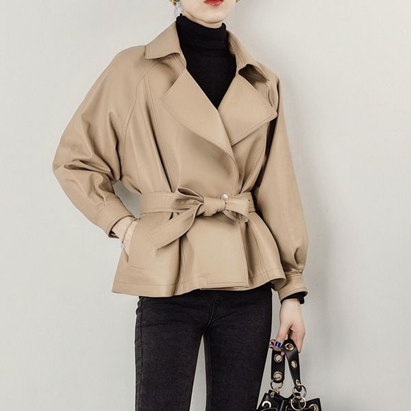

women's jackets autumn faux leather pu women coat solid belt long sleeve elegant short coats female 2021 korean fashion lady jacket, Black;brown