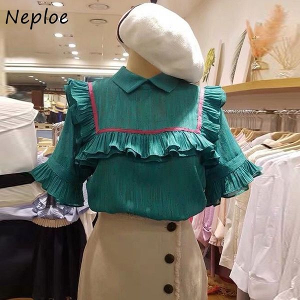 

neploe ruffles contrast color short sleeve chiffon blouse casual loose vintage shirts summer new 2020 blusas mujer 1e646, White