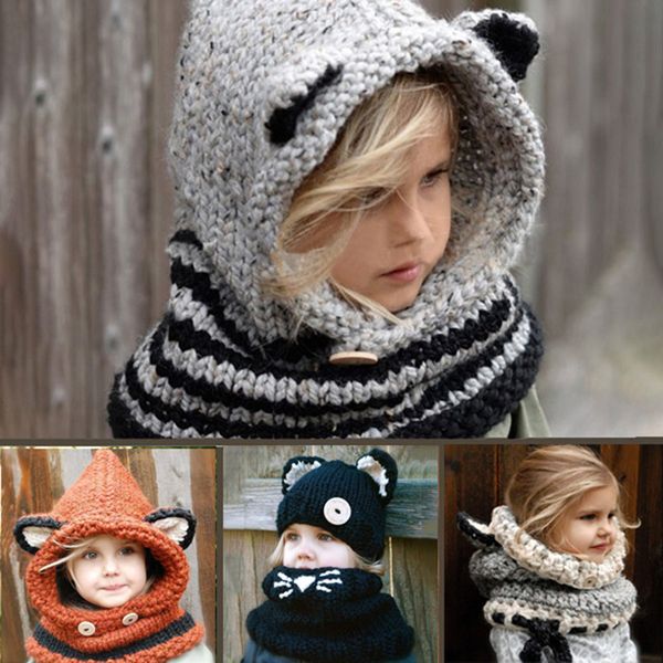 

kids winter hat baby girls boys scarf earflap hooded cat scarves caps beanie hats warm neckerchief, Yellow