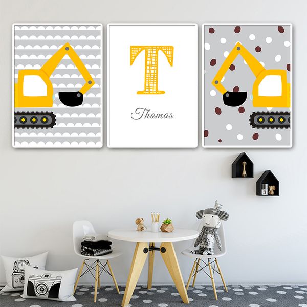 

custom boy's name canvas art posters and prints cartoon excavator paintings kid nursery bedroom personalized wall pictures decor