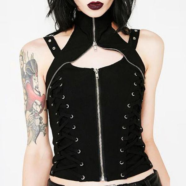 

goth punk black tank women bandage hollow lace up zipper gothic camisole summer crop girl nightclub tank, White