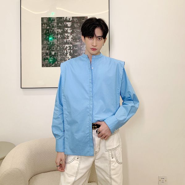 

men stand collar long sleeve casual blue shirt male japan korea style vintage fashion show loose shirts, White;black