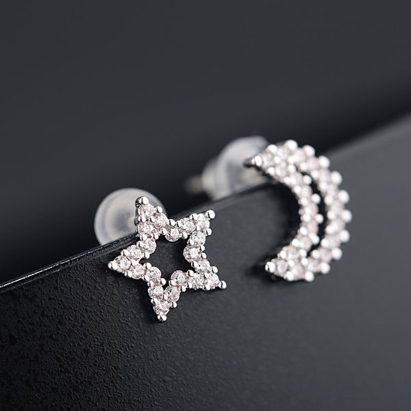 

cute female small moon star stud earrings classic silver gold color white zircon earrings minimalist asymmetrical, Golden;silver
