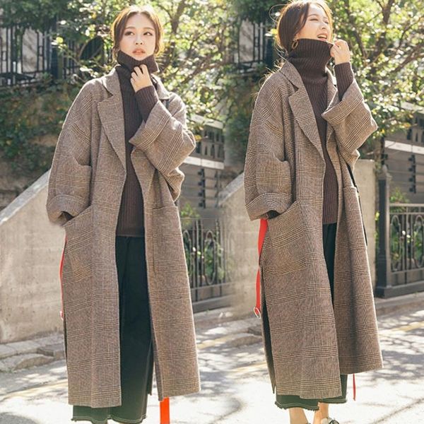 

women wool coat plaid suit collar long sleeve office lady coat jackets@88, Black