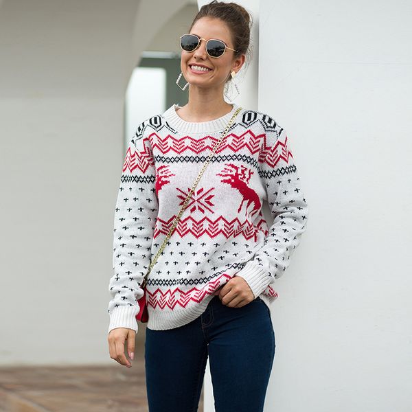 

lady sweater 2019 europe united states snowflake deer jacquard long sleeve turtleneck winter fashion christmas women's knitwear, White;black