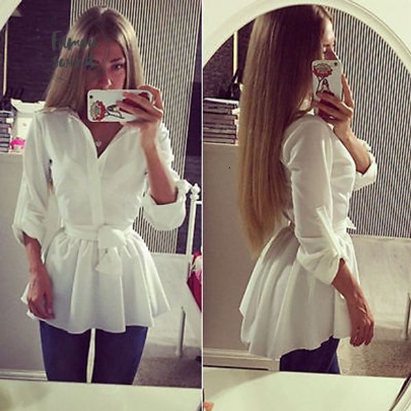 

дамы новые белые блузка рубашка с длинным рукавом v шеи ремень вниз официальный наряд топы женские тонкий одежда, White