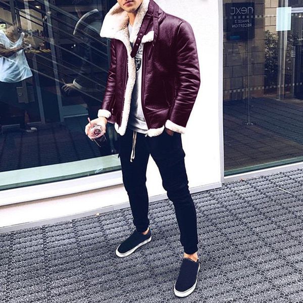 

mens designer faux leather jackets winter thick long sleeves mens outerwear fashion stand collar zipper coat male outcoat, Black