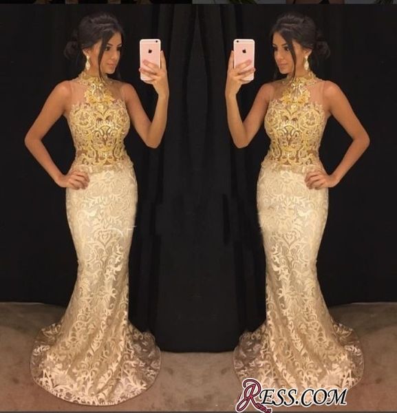 

2019 Sexy Champagne Lace Trumpet Evening Dress Sleeveless Floor Train Custom Made Mermaid Trumpet Formal Party Prom Dress