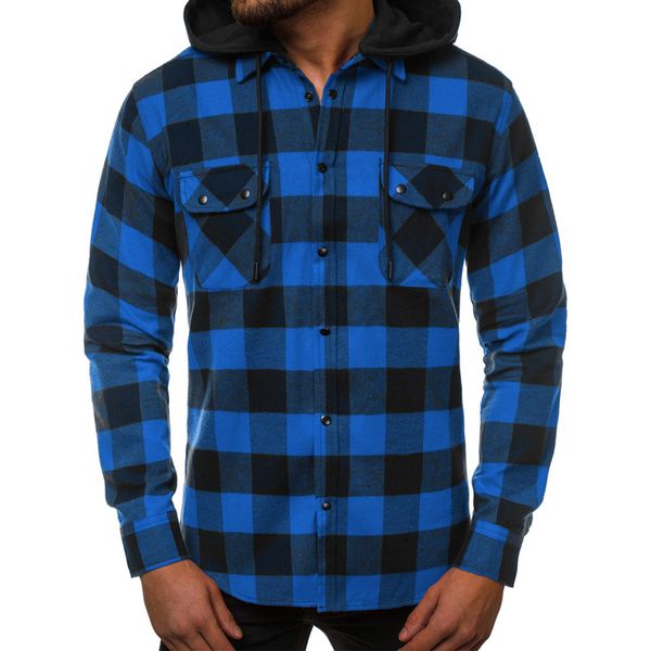 

мужские рубашки однобортный 2020 весна новые мужчины с длинным рукавом съемные hat рубашка мужская tops casual плед карманный хлопок горячие, White;black