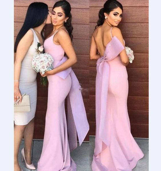 

2021 bridesmaid dresses sheath spaghetti straps bowknot back satin long maid of honor party prom gowns vestidos de novia, White;pink